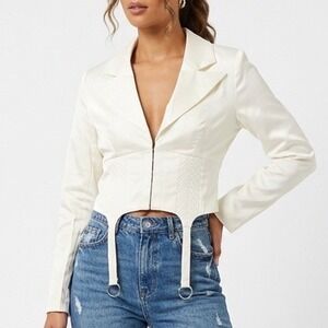 Naked Wardrobe The Statement Ivory Cropped Garter Blazer Womens Small